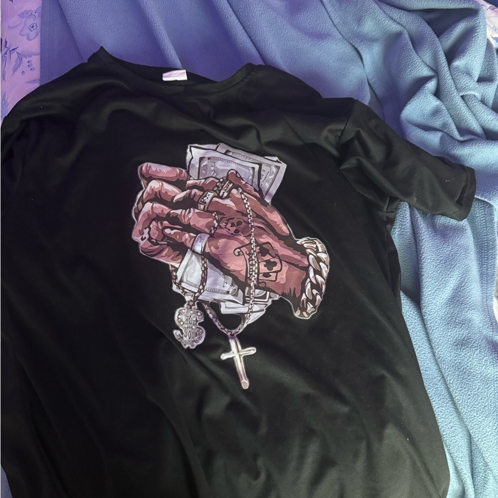 Black Graphic T-Shirt with Money and Chains Design
